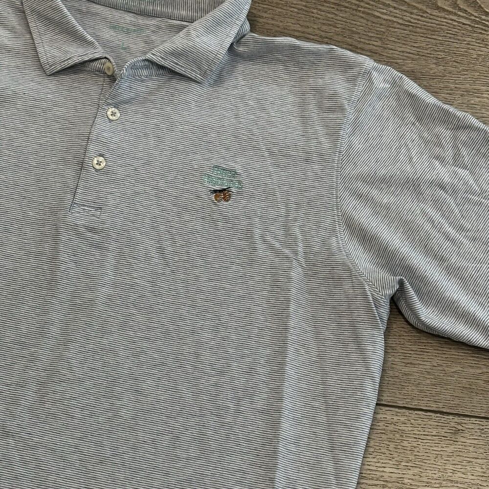 B Draddy Sport Polo Shirt Mens Large Blue Stripe Golf Performance Stretch Preppy